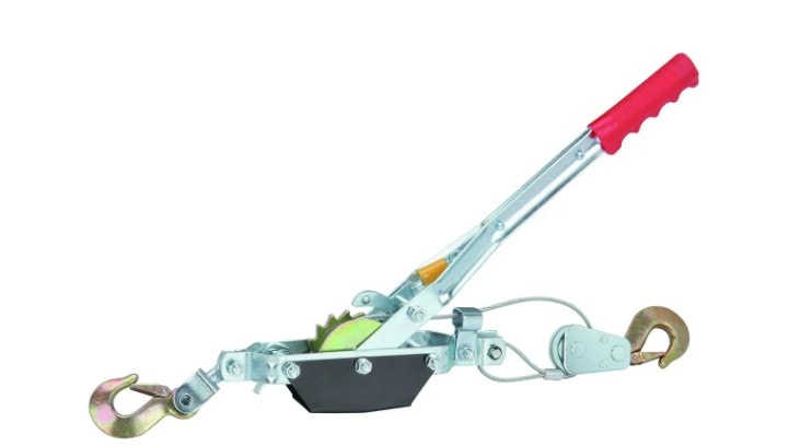Five-ton manual come along winch with red handle and hooks
