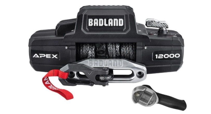 Badland Apex 12000 winch with cable, hook, and control handle